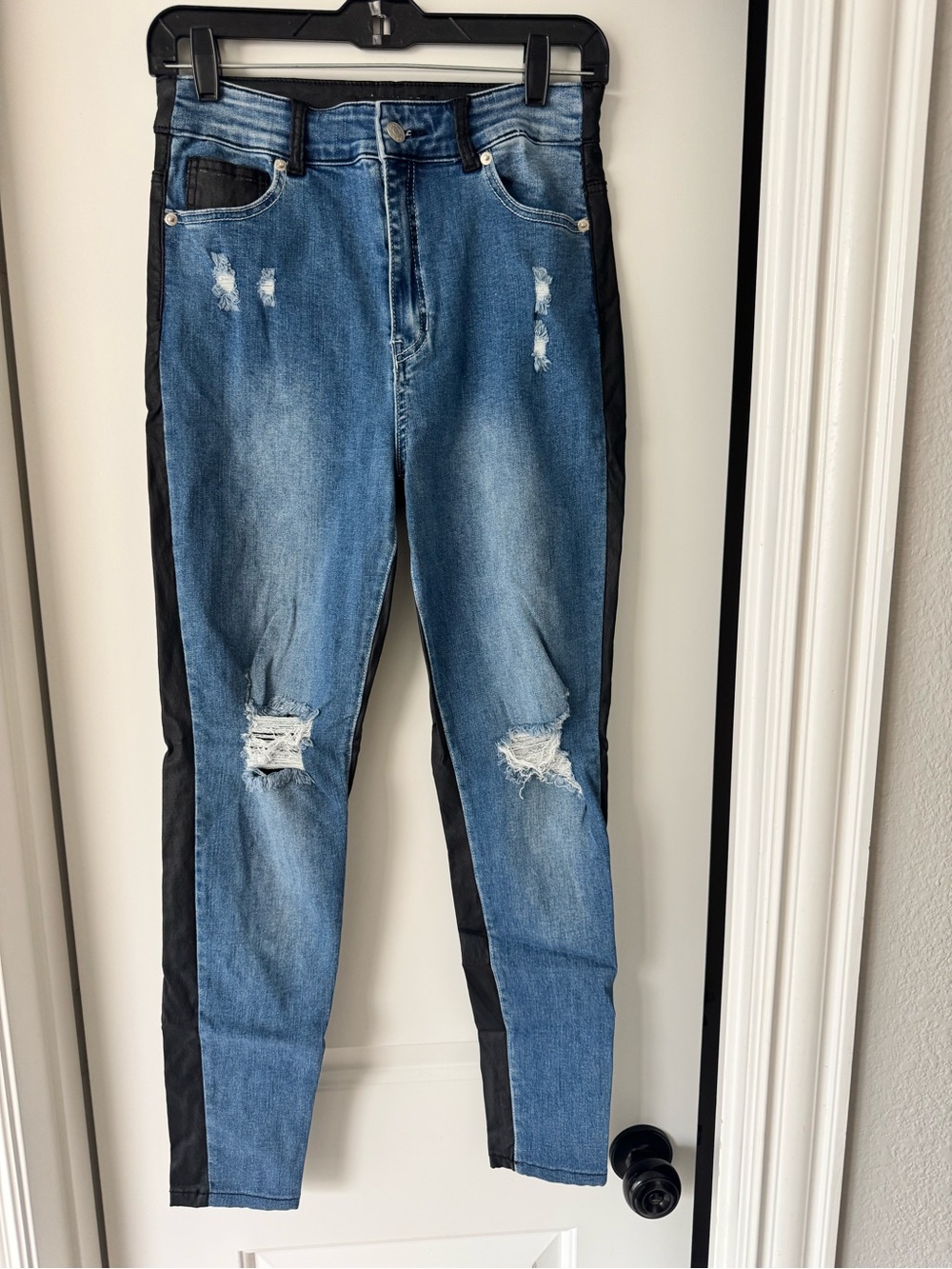 AKIRA Women’s Distressed Blue Denim Jeans with Black Leather Back Side